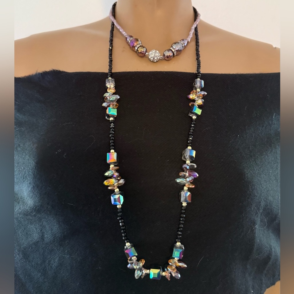 Layered Necklace Rhinestone Black Lavender Crystal Bead Hi-Lo Handmade Designer - Picture 1 of 10